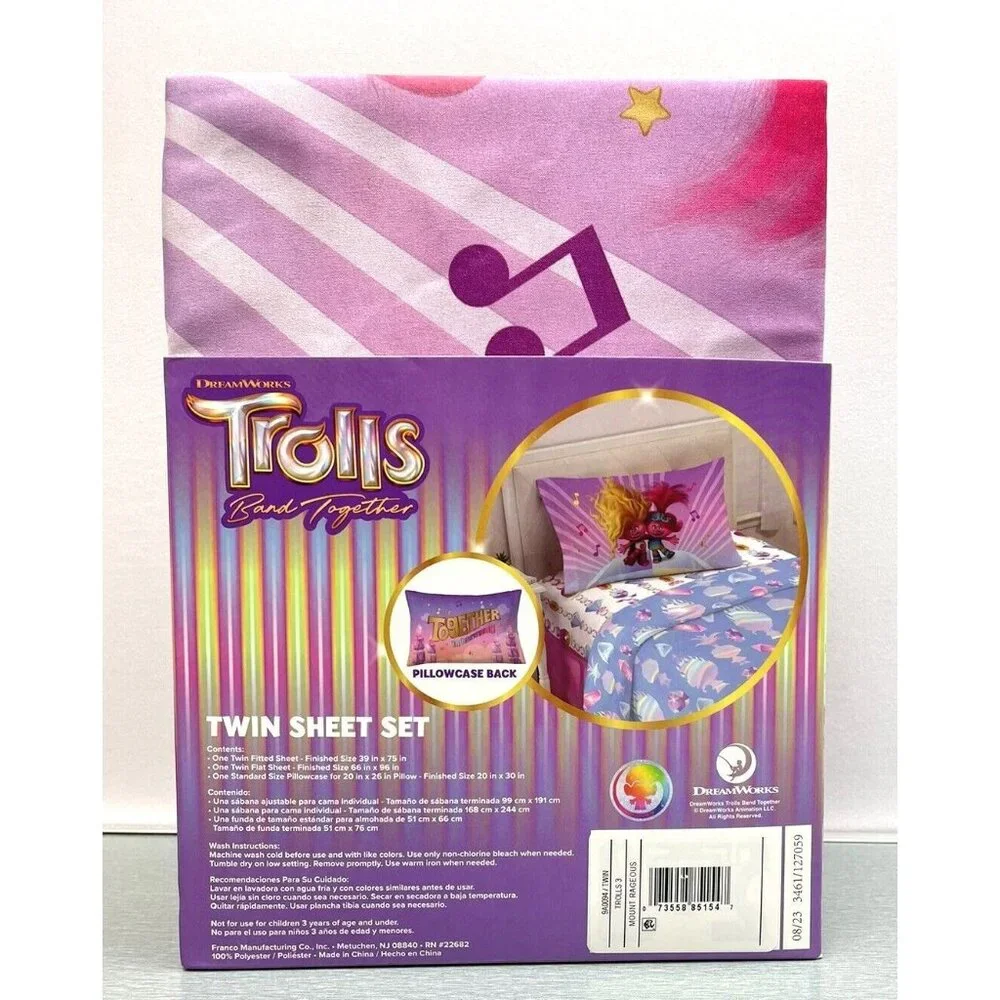 TROLLS  Twin 3 Piece Sheet Set- Band Together in Harmony 3+